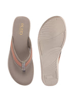 Women Grey Embellished Slip-On T-Strap Flats with Ortho Cushioned Insole | Thong Sandals for Wedding, Party | Flat Slippers for Daily Wear