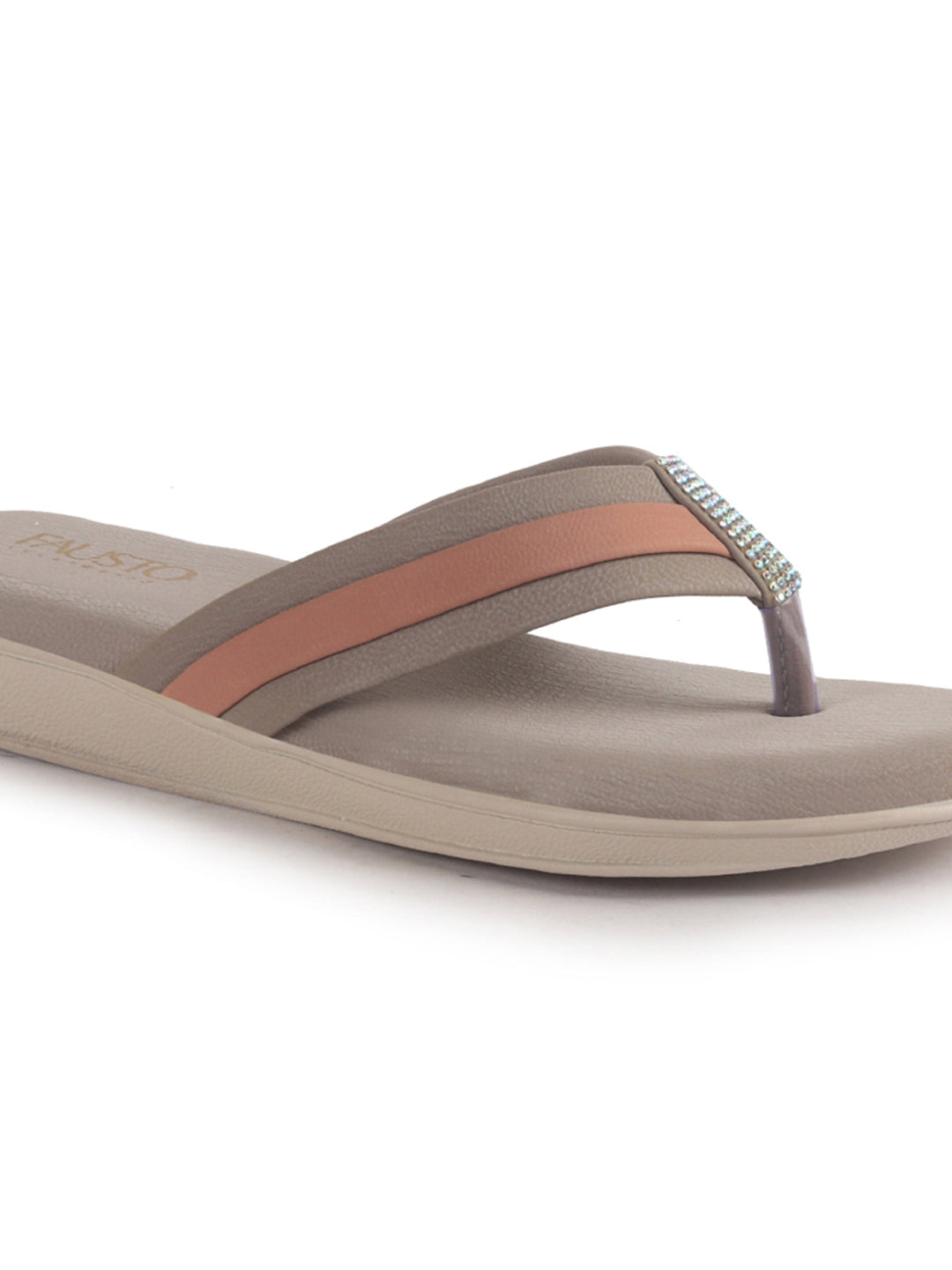 Women Grey Embellished Slip-On T-Strap Flats with Ortho Cushioned Insole | Thong Sandals for Wedding, Party | Flat Slippers for Daily Wear