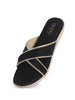 Women Black Embellished Slip-On Open Toe Ortho Flats with Cross Strap | Sandals for Wedding, Party, Ethnic Wear | All Day Flat Slippers