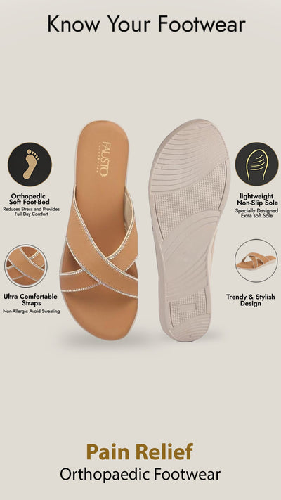 Women Yellow Embellished Slip-On Open Toe Ortho Flats with Cross Strap | Sandals for Wedding, Party, Ethnic Wear | All Day Flat Slippers