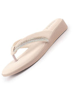 Women Cream Elegant Embellished Shimmery Wedding T-Strap Flat Slip On Slippers|Soft Cushioned Footbed|Party, Reception, Festive