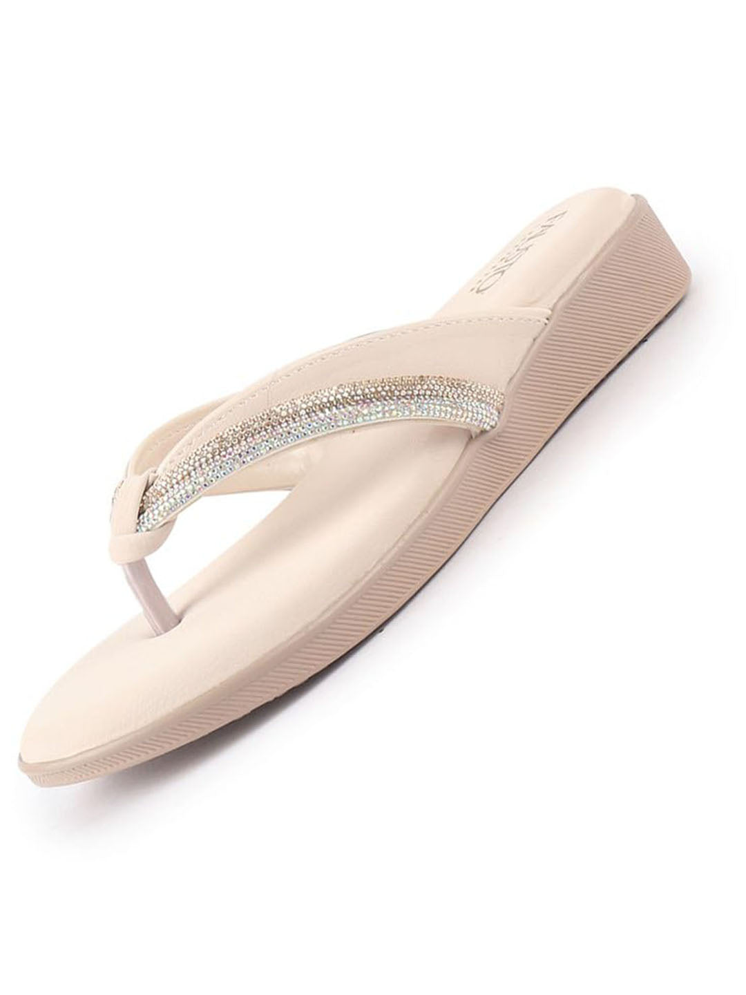 Women Cream Elegant Embellished Shimmery Wedding T-Strap Flat Slip On Slippers|Soft Cushioned Footbed|Party, Reception, Festive