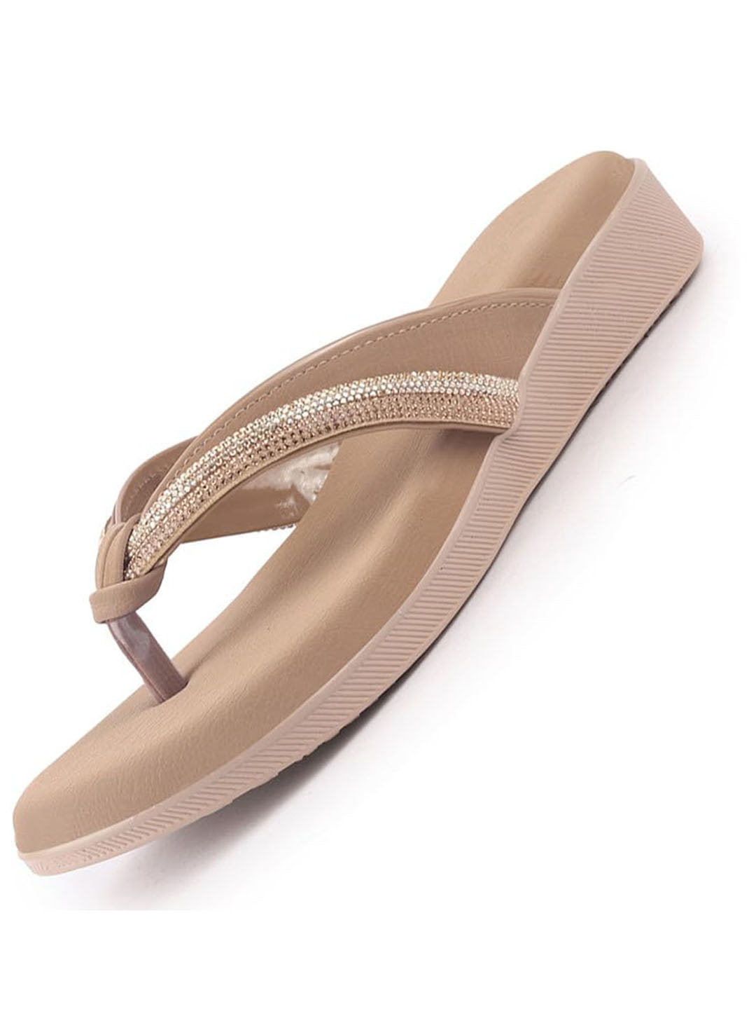Women Khaki Elegant Embellished Shimmery Wedding T-Strap Flat Slip On Slippers|Soft Cushioned Footbed|Party, Reception, Festive