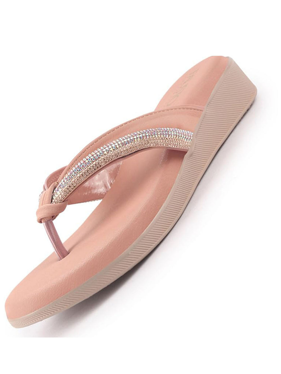 Women Pink Elegant Embellished Shimmery Wedding T-Strap Flat Slip On Slippers|Soft Cushioned Footbed|Party, Reception, Festive