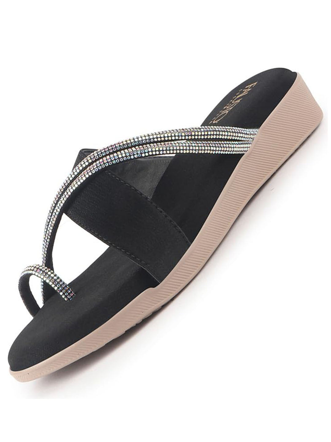 Women Black Embellished Shimmery Cross Strap Toe Ring Wedding Slip On Slippers|Soft Cushioned Footbed Wedge Sandals|Party, Mehndi, Festive
