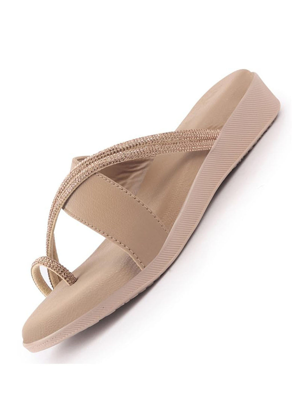 Women Khaki Embellished Shimmery Cross Strap Toe Ring Wedding Slip On Slippers|Soft Cushioned Footbed Wedge Sandals|Party, Mehndi, Festive