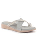 Women Light Grey Embellished Shimmery Cross Strap Toe Ring Wedding Slip On Slippers|Soft Cushioned Footbed Wedge Sandals|Party, Mehndi, Festive