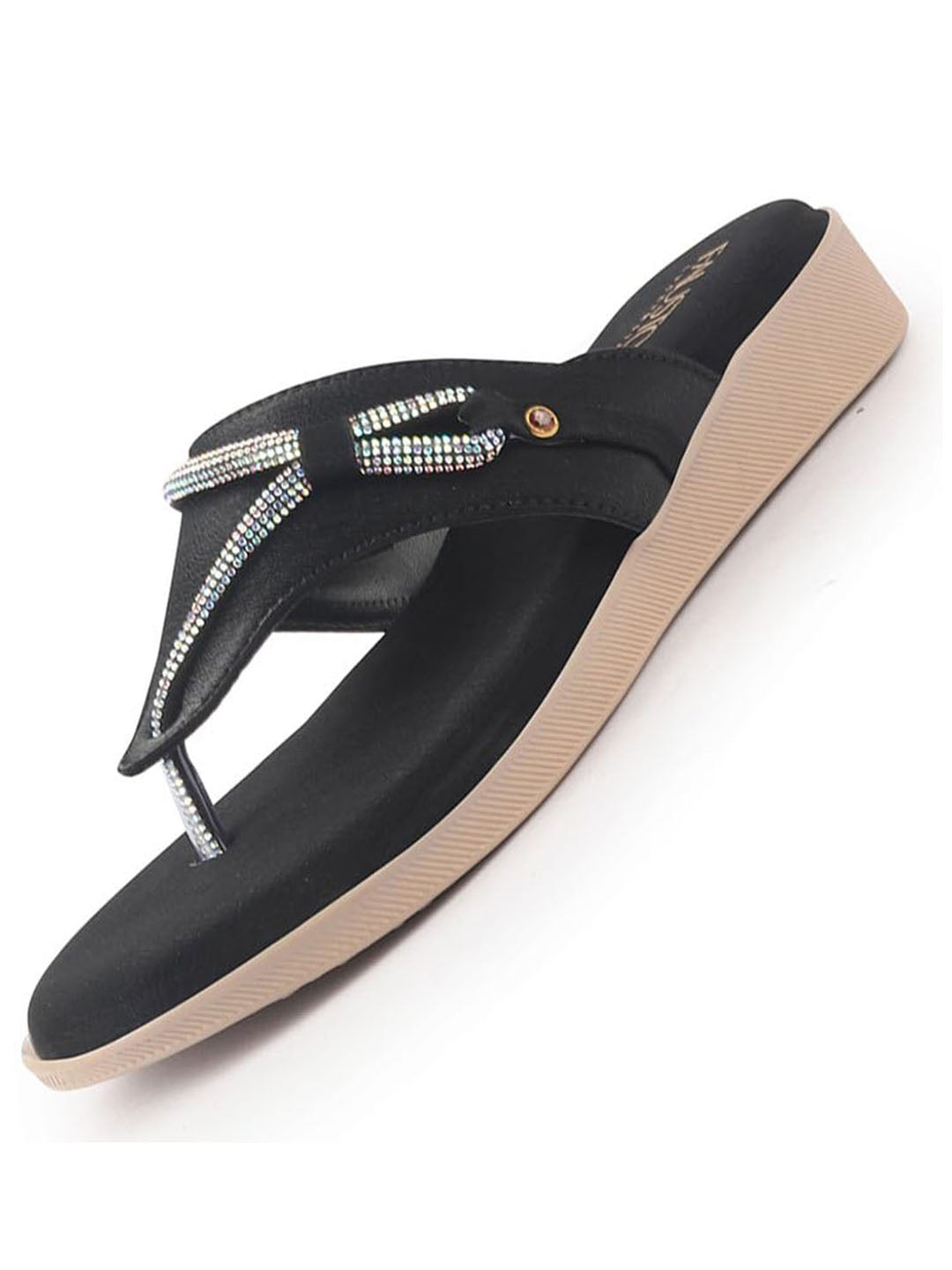 Women Black Embellished Wedding Slip-On Flats with Bow Design Studded T-Strap|Ethnic Wedge Sandals with Cushioned Insole|Party, Festive