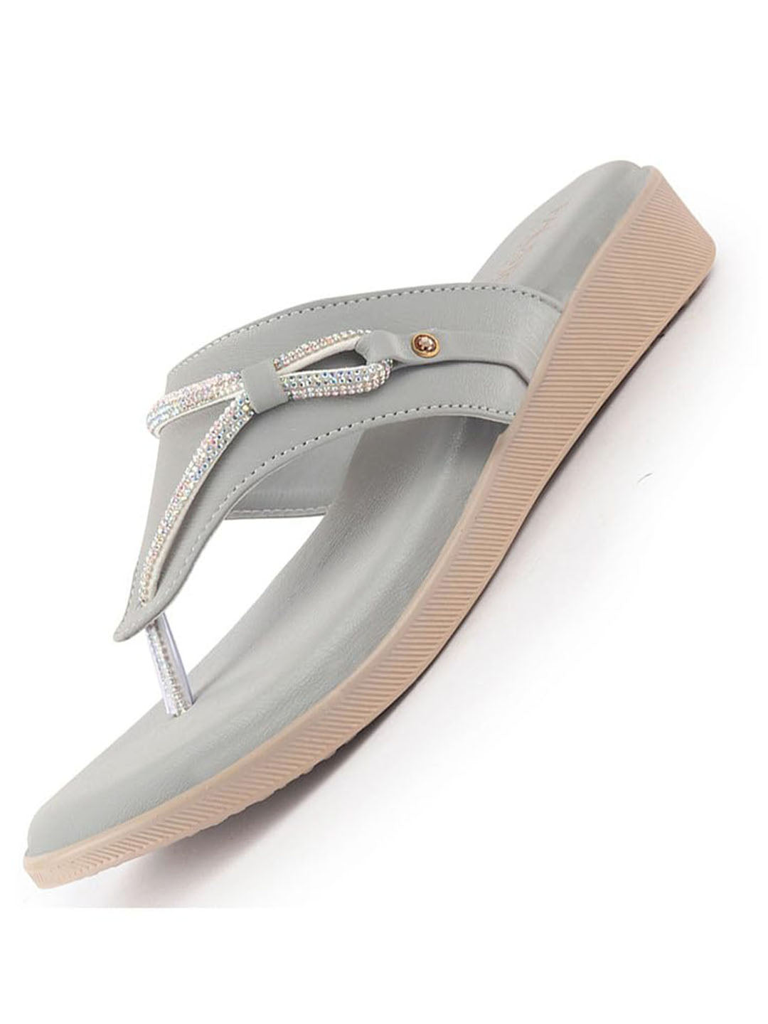 Women Light Grey Embellished Wedding Slip-On Flats with Bow Design Studded T-Strap|Ethnic Wedge Sandals with Cushioned Insole|Party, Festive