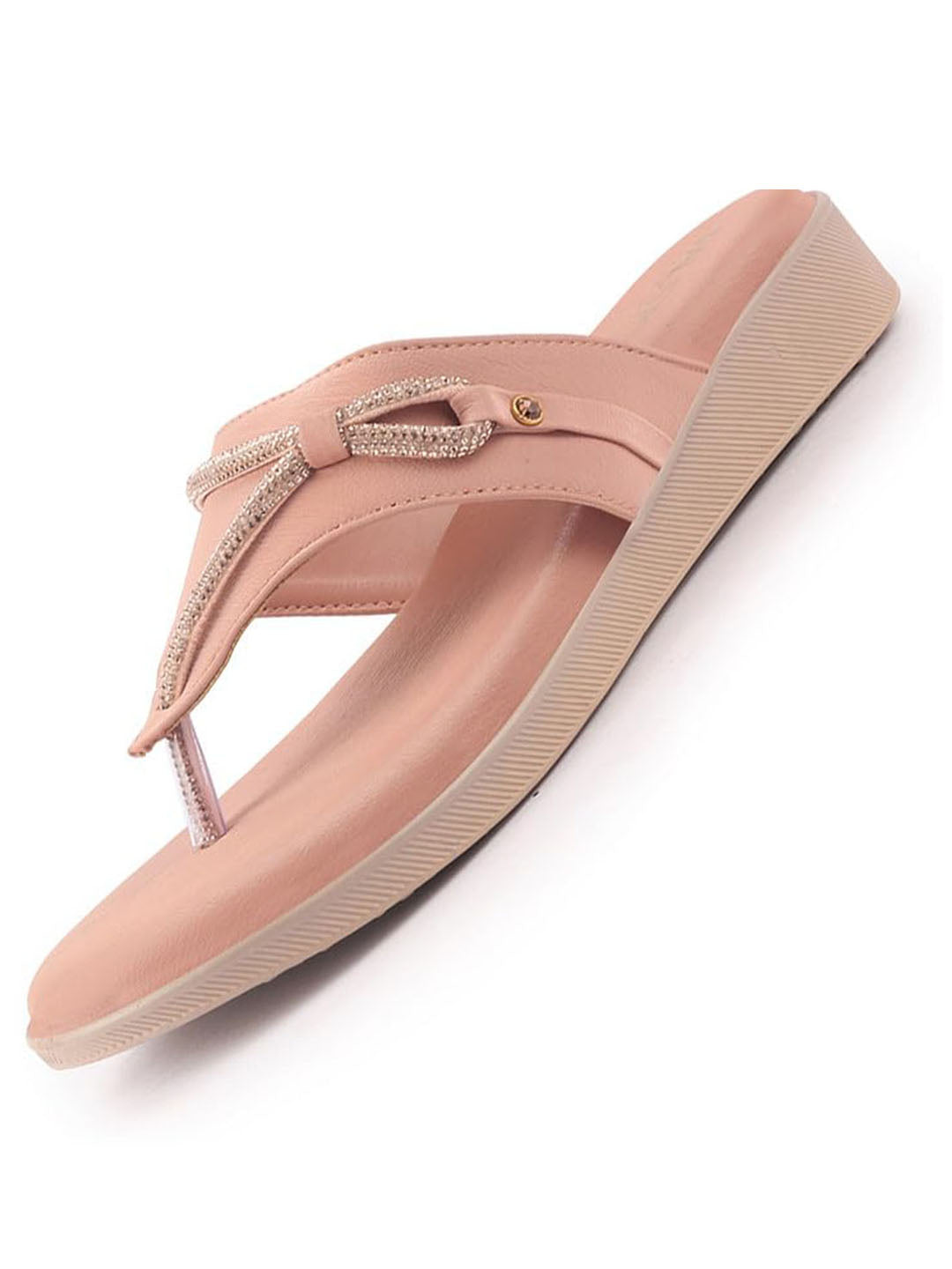 Women Pink Embellished Wedding Slip-On Flats with Bow Design Studded T-Strap|Ethnic Wedge Sandals with Cushioned Insole|Party, Festive
