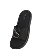 Women Black Open Toe Flat Buckle Slip On Sliders | Cushioned Insole Slippers with Extra Comfort | Trendy Flat House Sandals for All Day Wear