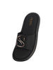 Women Black Open Toe Flat Buckle Slip On Sliders | Cushioned Insole Slippers with Extra Comfort | Trendy Flat House Sandals for All Day Wear