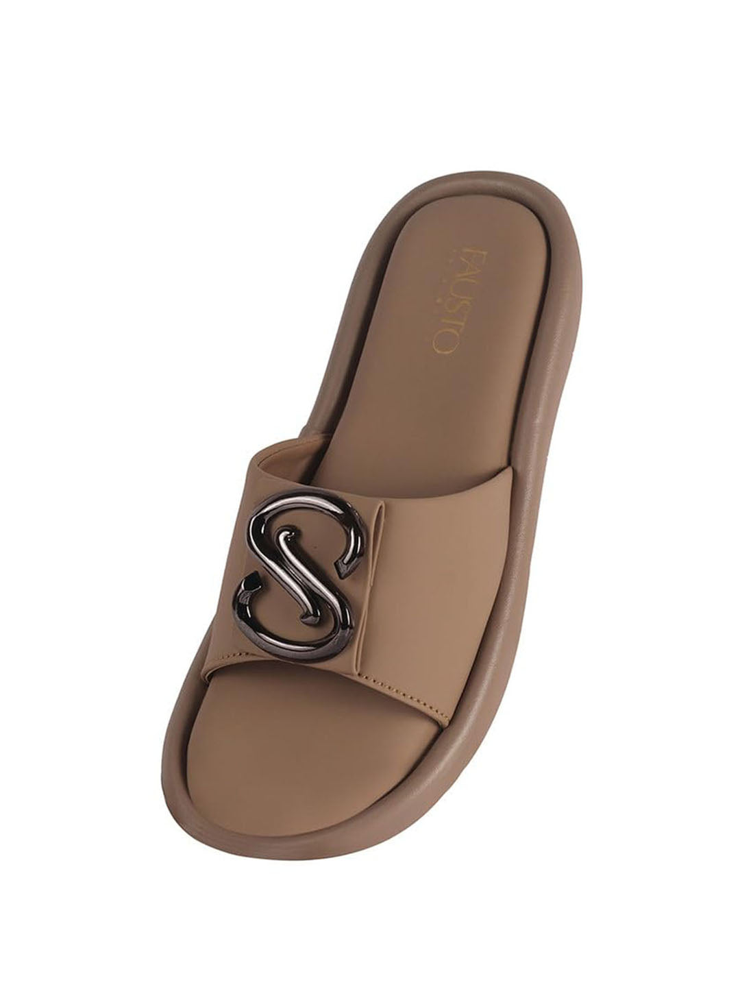 Women Tan Open Toe Flat Buckle Slip On Sliders | Cushioned Insole Slippers with Extra Comfort | Trendy Flat House Sandals for All Day Wear