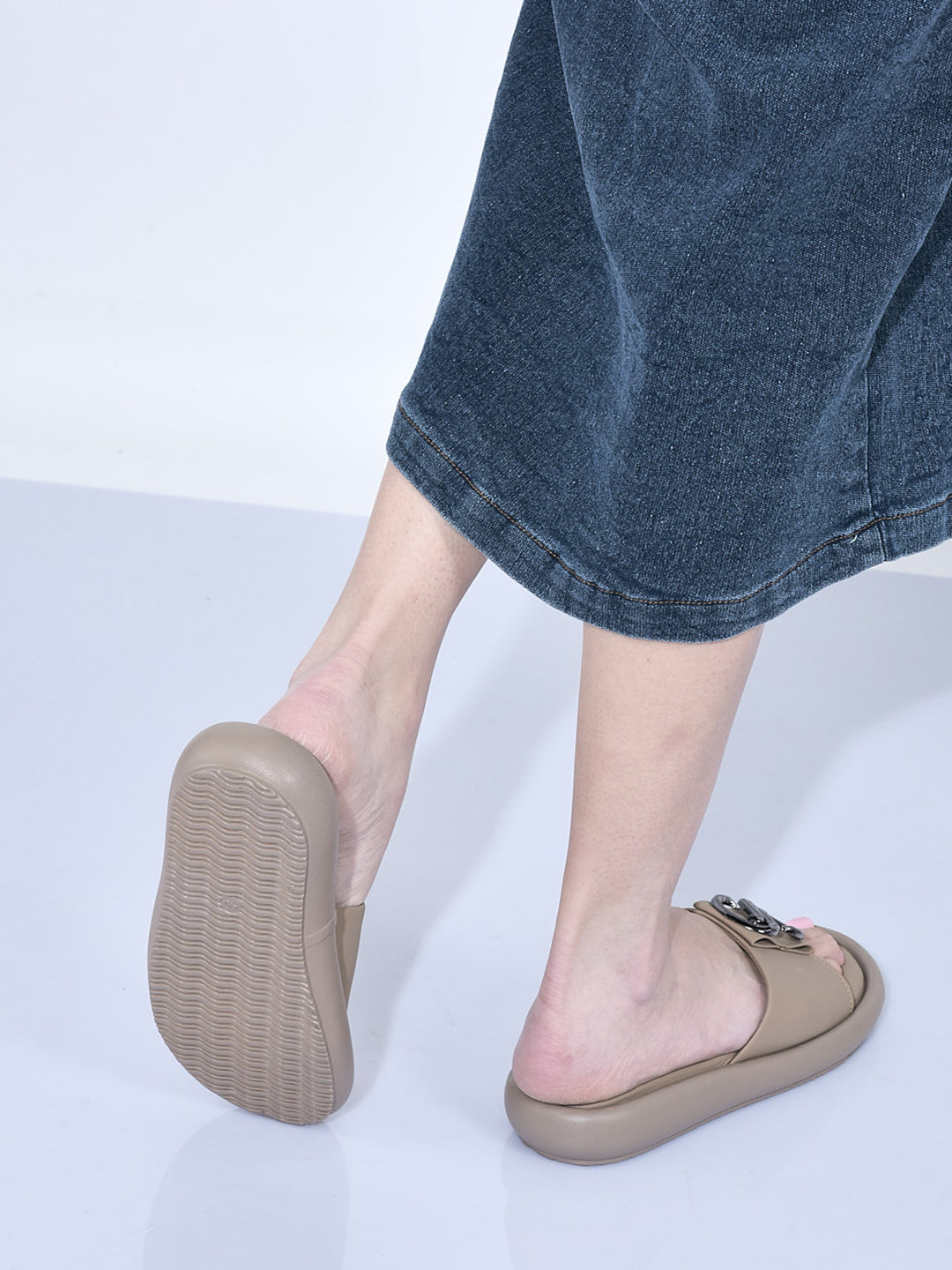Women Tan Open Toe Flat Buckle Slip On Sliders | Cushioned Insole Slippers with Extra Comfort | Trendy Flat House Sandals for All Day Wear