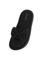 Women Black Open Toe Bow Design Slip On Sliders | Extra Comfort Cushioned Insole Slippers | Classic Flat Sandals for All Day Long