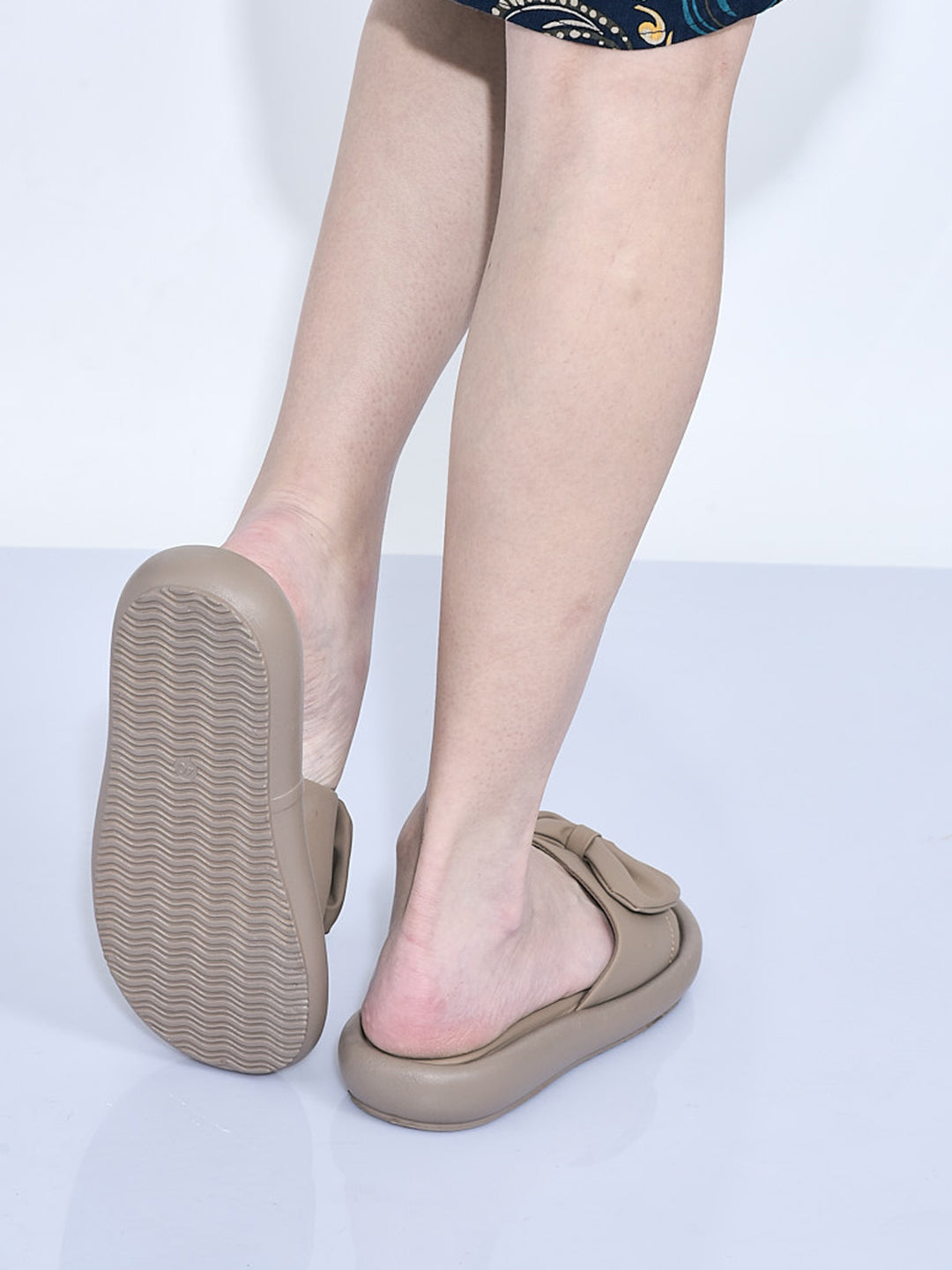 Women Tan Open Toe Bow Design Slip On Sliders | Extra Comfort Cushioned Insole Slippers | Classic Flat Sandals for All Day Long