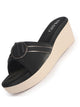 Women Black Buckle Design Wedge Heel Sandals|Comfortable Slip-On Platform Slides For All Day Wear, Casual and Party|Soft Cushioned Insole