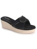 Women Black Buckle Design Wedge Heel Sandals | Comfortable Slip-On Platform Slides For All Day Wear, Casual and Party | Soft Cushioned Insole