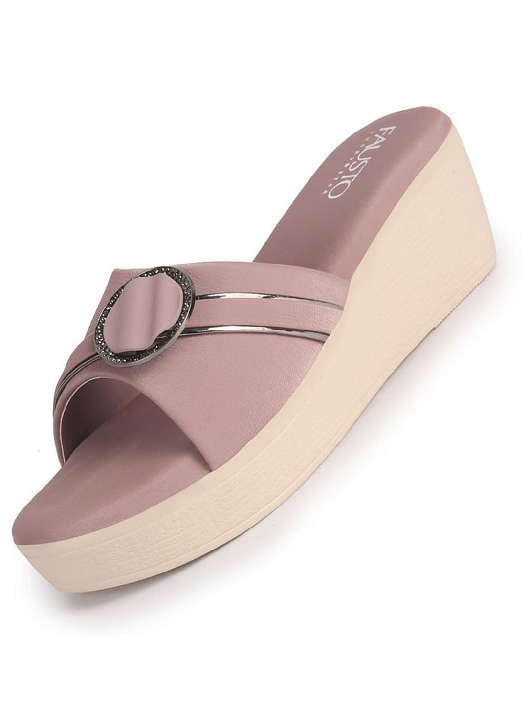 Women Lavender Buckle Design Wedge Heel Sandals|Comfortable Slip-On Platform Slides For All Day Wear, Casual and Party|Soft Cushioned Insole
