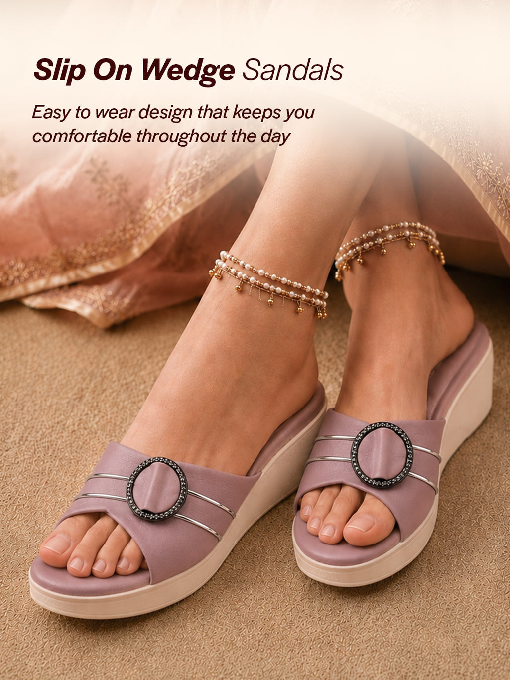 women lavender buckle design wedge heel sandals|comfortable slip-on platform slides for all day wear, casual and party|soft cushioned insole