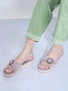 Women Lavender Buckle Design Wedge Heel Sandals | Comfortable Slip-On Platform Slides For All Day Wear, Casual and Party | Soft Cushioned Insole