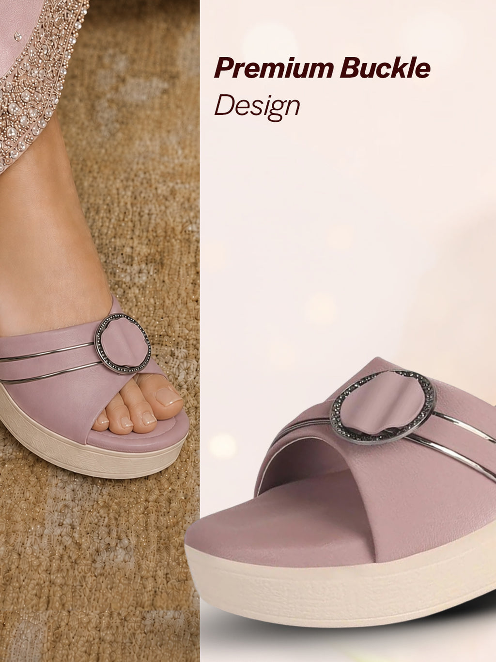 women lavender buckle design wedge heel sandals|comfortable slip-on platform slides for all day wear, casual and party|soft cushioned insole