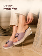 women lavender buckle design wedge heel sandals|comfortable slip-on platform slides for all day wear, casual and party|soft cushioned insole