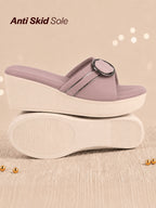 women lavender buckle design wedge heel sandals|comfortable slip-on platform slides for all day wear, casual and party|soft cushioned insole