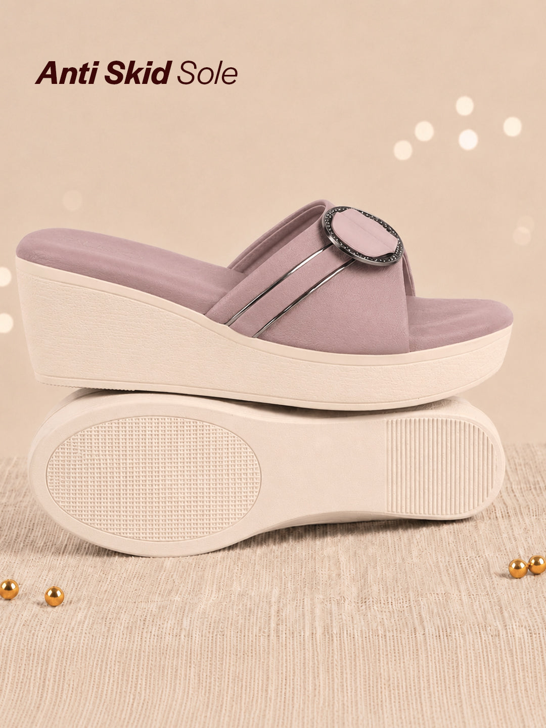 women lavender buckle design wedge heel sandals|comfortable slip-on platform slides for all day wear, casual and party|soft cushioned insole