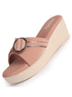 Women Peach Buckle Design Wedge Heel Sandals|Comfortable Slip-On Platform Slides For All Day Wear, Casual and Party|Soft Cushioned Insole