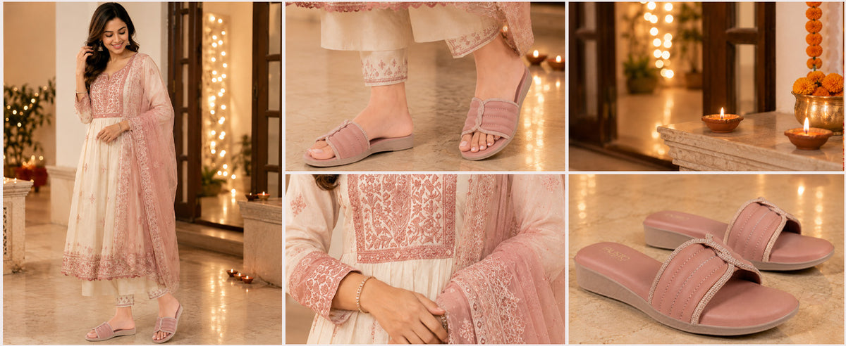 Women Black Rhinestone Strap Wedge Heel Ethnic Slip On Sandals for Wedding, Anarkali, Indo-Western Dress|Open Toe Ortho Slippers with Soft Cushioned Footbed