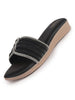 Women Black Rhinestone Strap Wedge Heel Ethnic Slip On Sandals for Wedding, Anarkali, Indo-Western Dress|Open Toe Ortho Slippers with Soft Cushioned Footbed