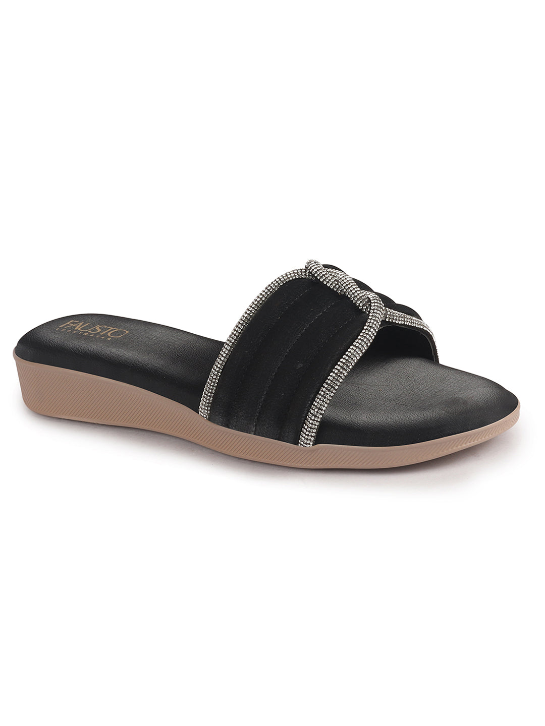 Women Black Rhinestone Strap Wedge Heel Ethnic Slip On Sandals for Wedding, Anarkali, Indo-Western Dress|Open Toe Ortho Slippers with Soft Cushioned Footbed