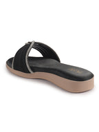 Women Black Rhinestone Strap Wedge Heel Ethnic Slip On Sandals for Wedding, Anarkali, Indo-Western Dress|Open Toe Ortho Slippers with Soft Cushioned Footbed
