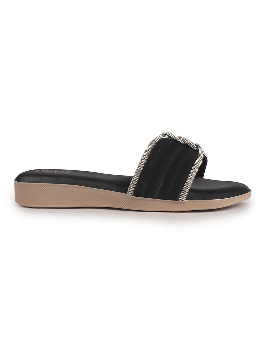 Women Black Rhinestone Strap Wedge Heel Ethnic Slip On Sandals for Wedding, Anarkali, Indo-Western Dress|Open Toe Ortho Slippers with Soft Cushioned Footbed