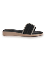 Women Black Rhinestone Strap Wedge Heel Ethnic Slip On Sandals for Wedding, Anarkali, Indo-Western Dress|Open Toe Ortho Slippers with Soft Cushioned Footbed