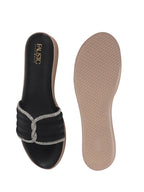 Women Black Rhinestone Strap Wedge Heel Ethnic Slip On Sandals for Wedding, Anarkali, Indo-Western Dress|Open Toe Ortho Slippers with Soft Cushioned Footbed