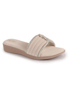 Women Cream Rhinestone Strap Wedge Heel Ethnic Slip On Sandals for Wedding, Anarkali, Indo-Western Dress|Open Toe Ortho Slippers with Soft Cushioned Footbed