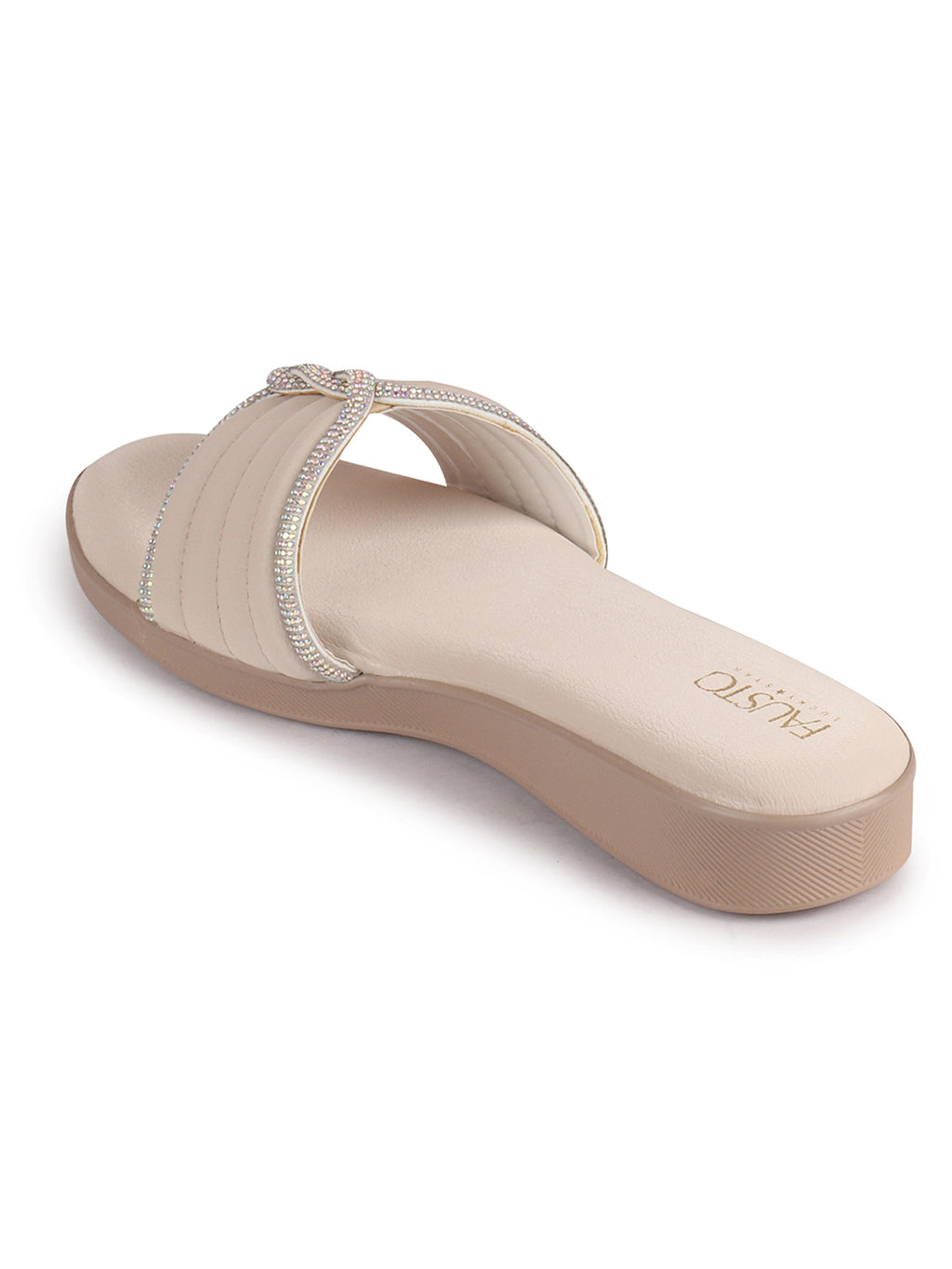 Women Cream Rhinestone Strap Wedge Heel Ethnic Slip On Sandals for Wedding, Anarkali, Indo-Western Dress|Open Toe Ortho Slippers with Soft Cushioned Footbed
