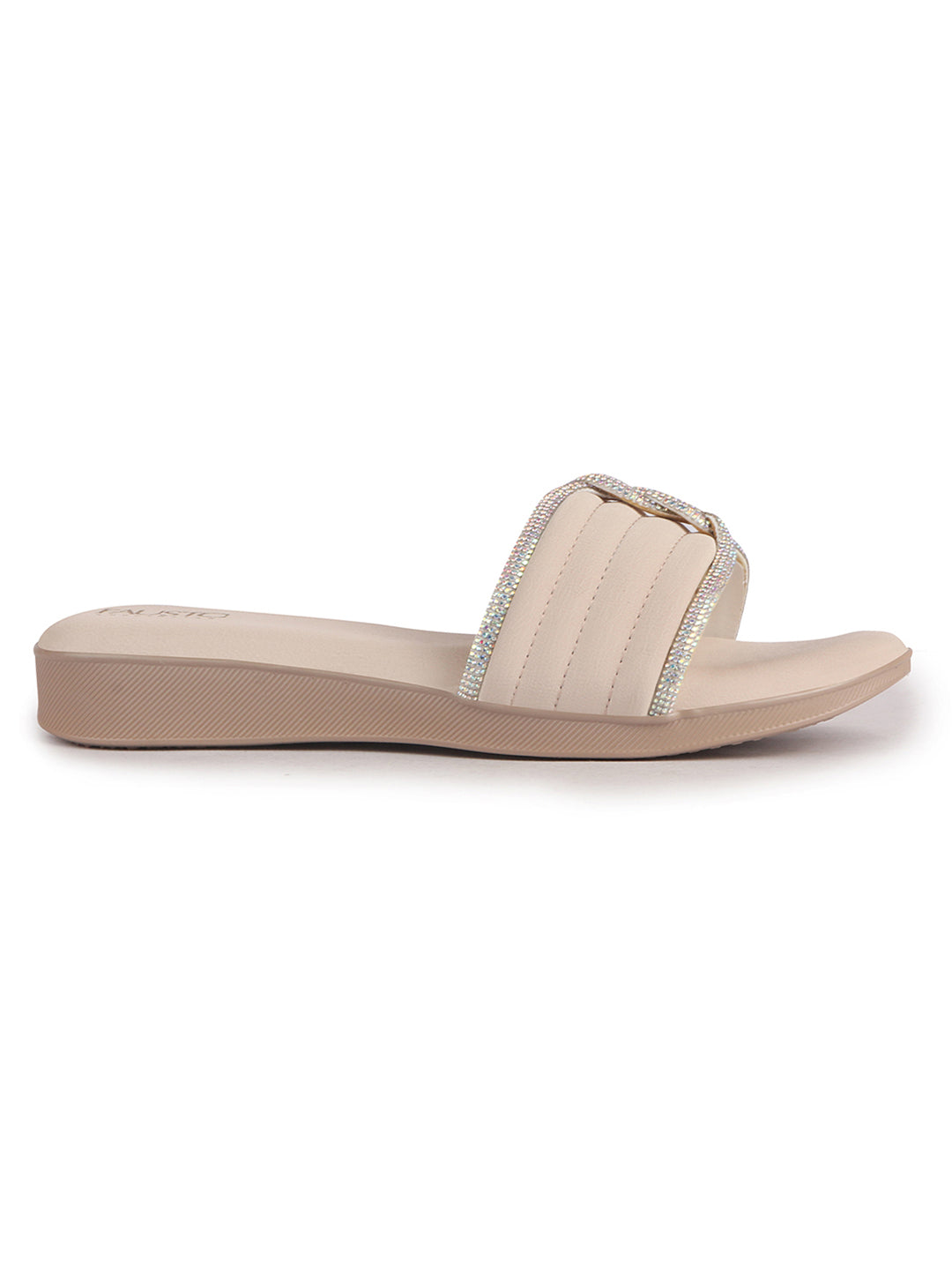 Women Cream Rhinestone Strap Wedge Heel Ethnic Slip On Sandals for Wedding, Anarkali, Indo-Western Dress|Open Toe Ortho Slippers with Soft Cushioned Footbed