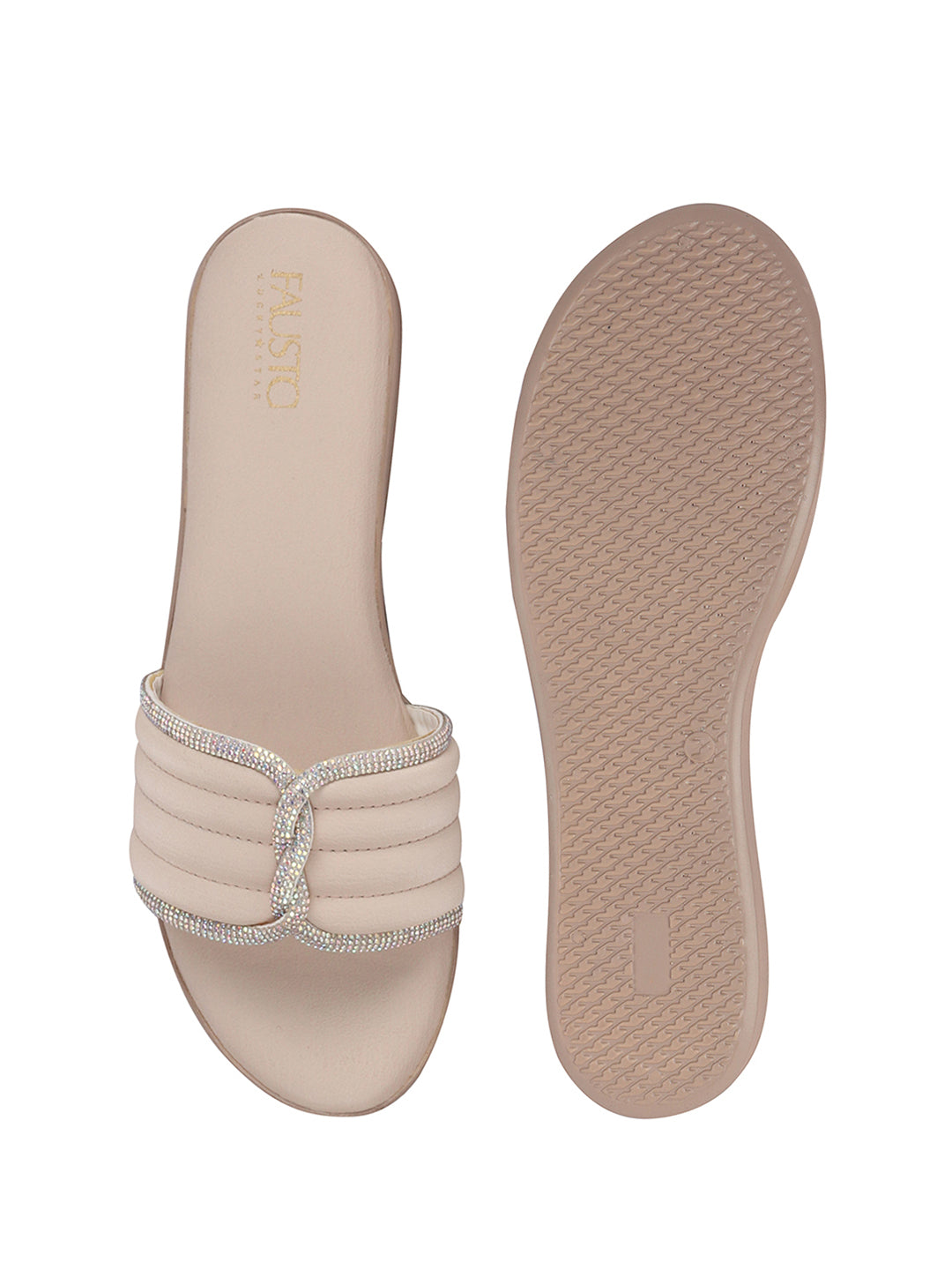 Women Cream Rhinestone Strap Wedge Heel Ethnic Slip On Sandals for Wedding, Anarkali, Indo-Western Dress|Open Toe Ortho Slippers with Soft Cushioned Footbed