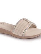 Women Cream Rhinestone Strap Wedge Heel Ethnic Slip On Sandals for Wedding, Anarkali, Indo-Western Dress|Open Toe Ortho Slippers with Soft Cushioned Footbed