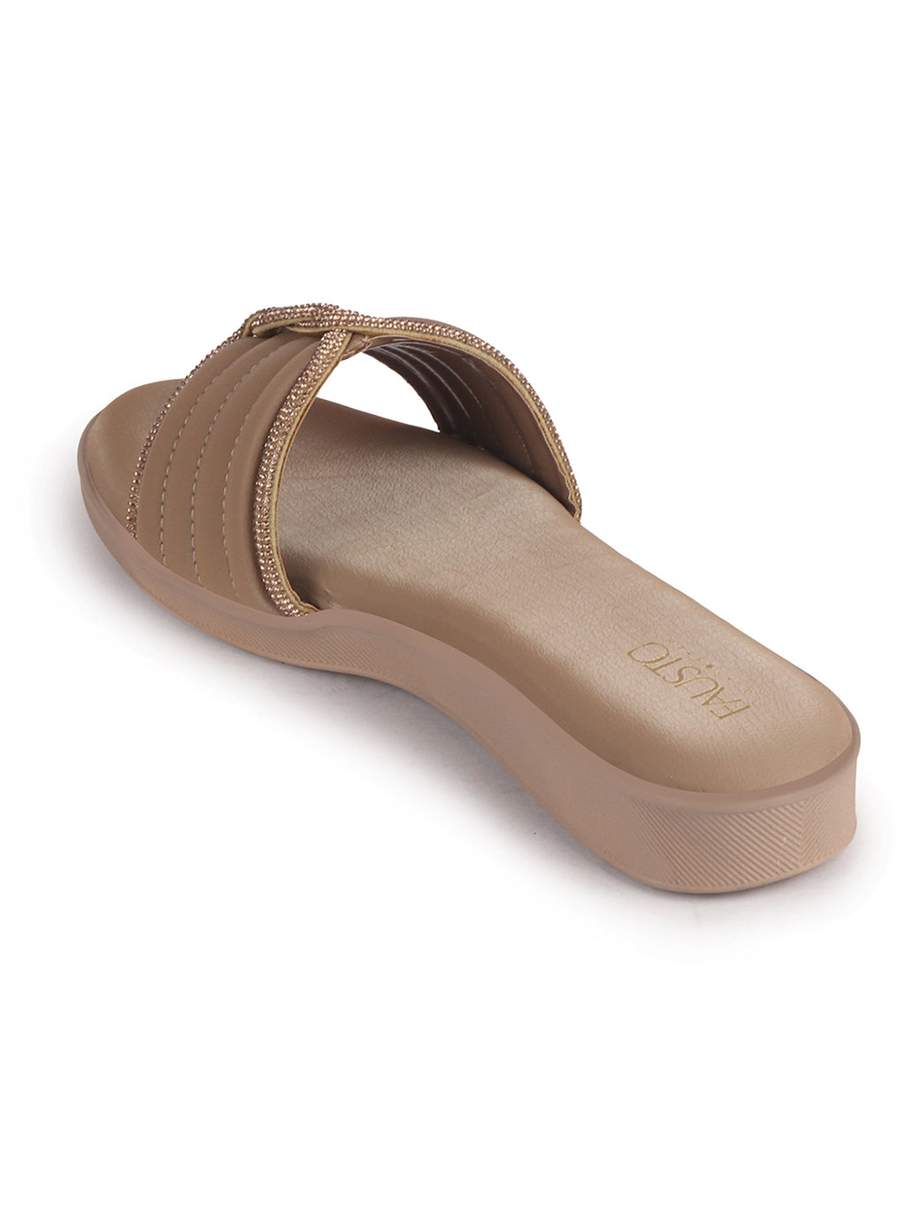 Women Khaki Rhinestone Strap Wedge Heel Ethnic Slip On Sandals for Wedding, Anarkali, Indo-Western Dress|Open Toe Ortho Slippers with Soft Cushioned Footbed