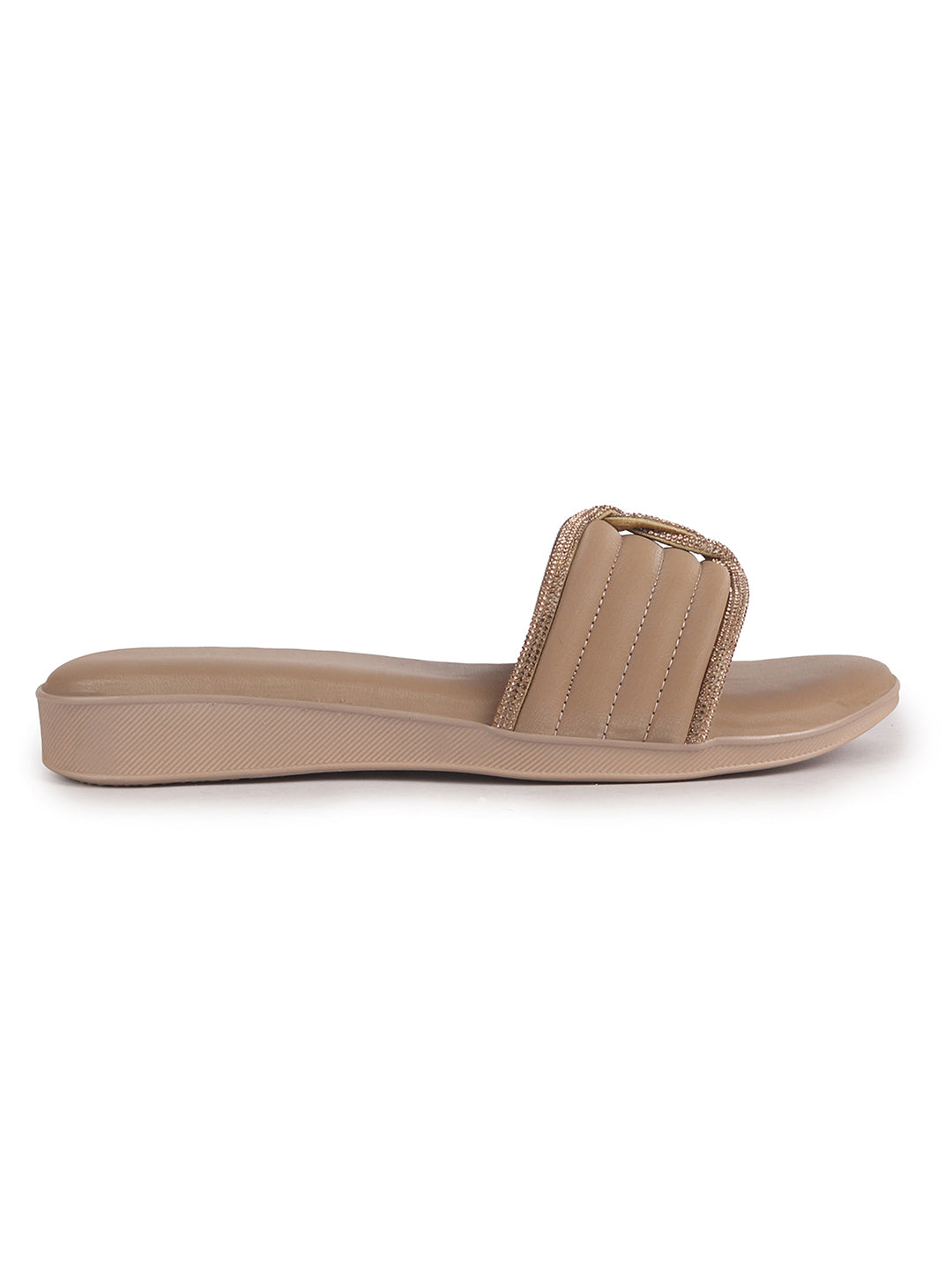 Women Khaki Rhinestone Strap Wedge Heel Ethnic Slip On Sandals for Wedding, Anarkali, Indo-Western Dress|Open Toe Ortho Slippers with Soft Cushioned Footbed