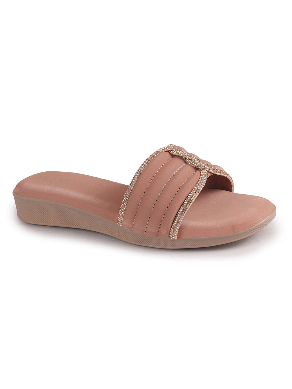 Women Pink Rhinestone Strap Wedge Heel Ethnic Slip On Sandals for Wedding, Anarkali, Indo-Western Dress|Open Toe Ortho Slippers with Soft Cushioned Footbed