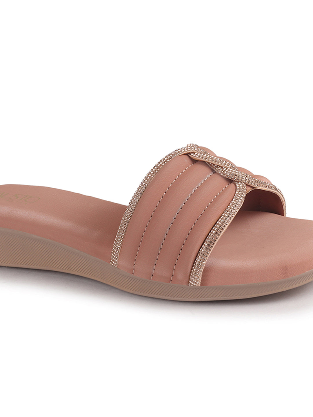 Women Pink Rhinestone Strap Wedge Heel Ethnic Slip On Sandals for Wedding, Anarkali, Indo-Western Dress|Open Toe Ortho Slippers with Soft Cushioned Footbed