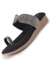 Women Black Toe Ring Crystal Strap Slip-On Ethnic Party Dress Sandals|Low Heel Wedge Slip On Ortho Slippers|Perfect for Wedding, Indian Festivals, Traditionals