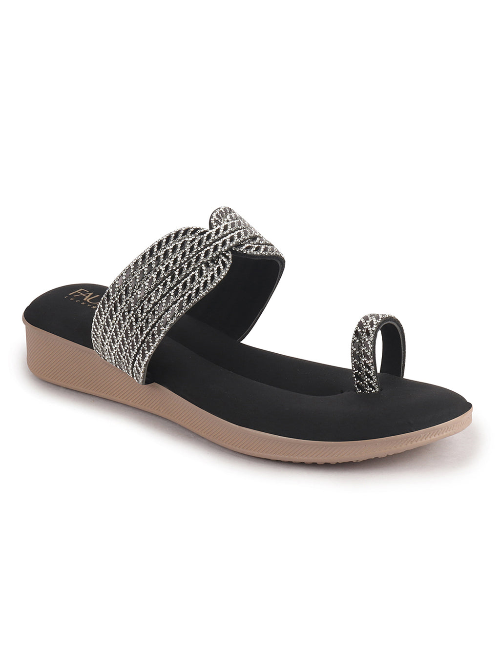 Women Black Toe Ring Crystal Strap Slip-On Ethnic Party Dress Sandals|Low Heel Wedge Slip On Ortho Slippers|Perfect for Wedding, Indian Festivals, Traditionals