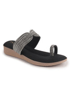 Women Black Toe Ring Crystal Strap Slip-On Ethnic Party Dress Sandals|Low Heel Wedge Slip On Ortho Slippers|Perfect for Wedding, Indian Festivals, Traditionals