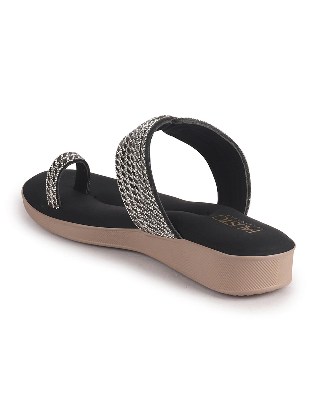 Women Black Toe Ring Crystal Strap Slip-On Ethnic Party Dress Sandals|Low Heel Wedge Slip On Ortho Slippers|Perfect for Wedding, Indian Festivals, Traditionals